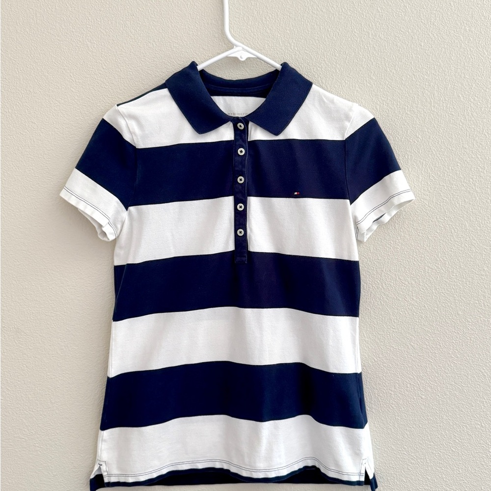 Tommy Hilfiger Blue and White Striped Polo Shirt